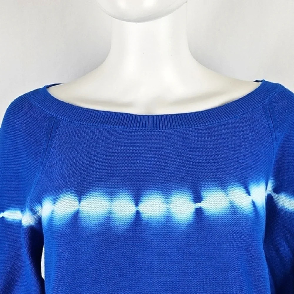 Talbots 100% Cotton Knit Blue White Tie Dye Crewneck 3/4 Sleeve Pullover Sweater